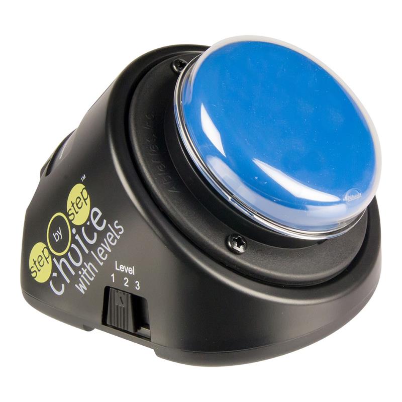 Ablenet LITTLE Step-by-Step Choice Speech Generating Device|Ablenet LITTLE Step-by-Step Choice Speech Generating Device Back View|Button Color Choices|Clear Snap Cap|Child using Ablenet LITTLE Step-by-Step Choice Speech Generating Device