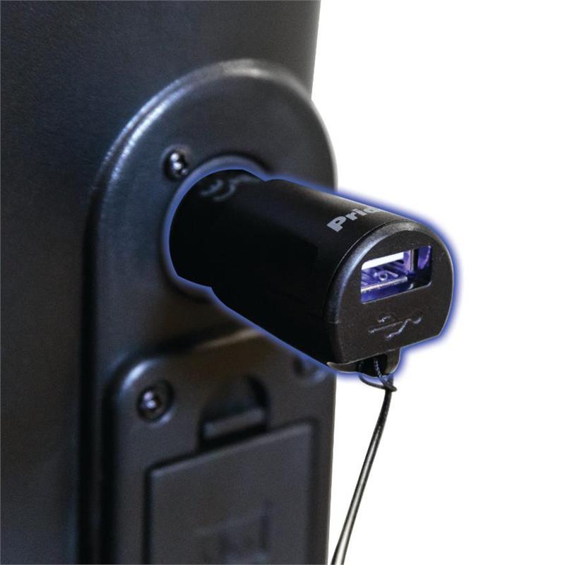 XLR USB Charger by Pride Mobility USB port|LED light shows users that it is properly plugged into unit|Three prongs in back of charger plug into Pride power scooter or wheelchair