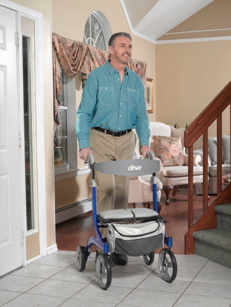 Nitro DLX Rollator by Drive Medical in Champagne|Nitro DLX Rollator by Drive Medical in Blue|Nitro DLX Rollator by Drive Medical with user in Blue