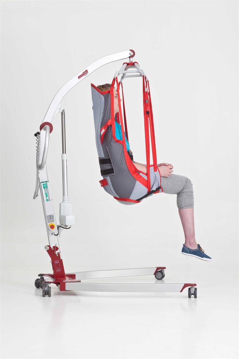 RgoSling Ampu Padded Highbac by Molift - Free Shipping!|Side view of Molift RgoSling Amputee Padded High Back Sling with lift|Back view of RgoSling Amputee Padded High Back Sling|Added trunk support with durable double buckles
