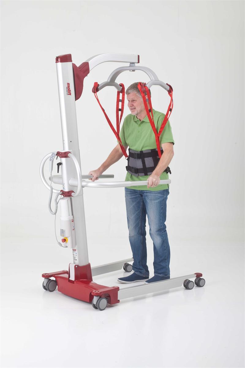 Molift RgoSling Ambulating Vest is best for those with some core stability|Molift RgoSling Ambulating Vest pictured with groin straps|Molift RgoSling Ambulating Vest with user, caregiver and walker|Molift RgoSling Ambulating Vest while gait training|Wide support on the back with groin straps for added protection|Sling bar loops and double buckle system for safety