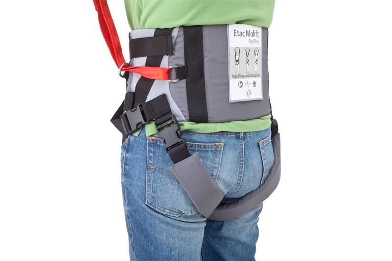 Molift RgoSling Ambulating Vest is best for those with some core stability|Molift RgoSling Ambulating Vest pictured with groin straps|Molift RgoSling Ambulating Vest with user, caregiver and walker|Molift RgoSling Ambulating Vest while gait training|Wide support on the back with groin straps for added protection|Sling bar loops and double buckle system for safety