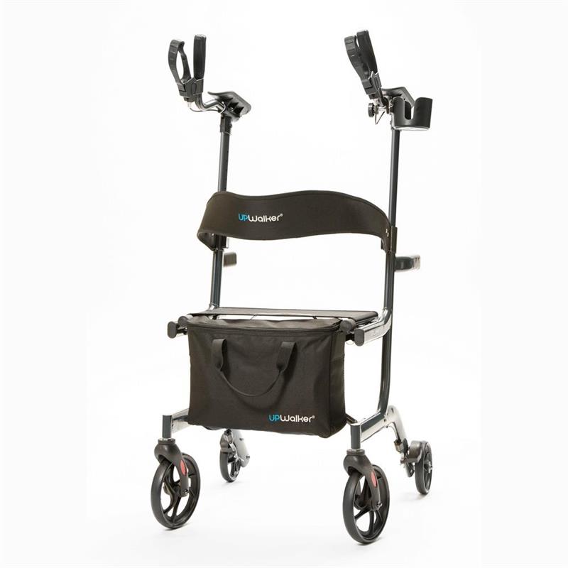 UPWalker Lite Mobility Stand Up Walking Aid by LifeWalker|UPWalker Lite Mobility Stand Up Walking Aid by LifeWalker with user|Optional flashlight attaches to your walker to light dark paths|Add tons of storage with the Luxury Personal Item Bag|Great for shopping trips, the optional Shopping Bag straps on the front