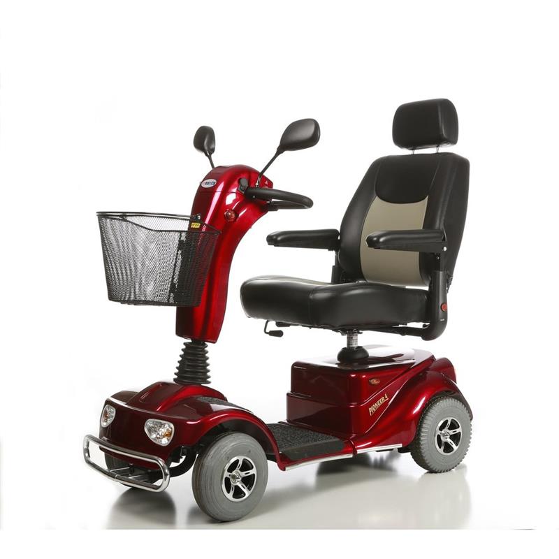 Merits Pioneer 4 4-Wheel Scooter in Red|Front view of Merits Pioneer 4 4-Wheel Scooter in Red|Dashboard/Control panel of the Pioneer 4 by Merits|Optional Cane Holder|Optional Canopy without foldable basket|Optional Oxygen Tank Holder|Optional Walker Holder|Optional Foldable Rear Basket|Optional Foldable Rear Basket|Optional Black Weather Cover