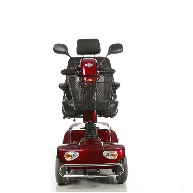 Merits Pioneer 4 4-Wheel Scooter in Red|Front view of Merits Pioneer 4 4-Wheel Scooter in Red|Dashboard/Control panel of the Pioneer 4 by Merits|Optional Cane Holder|Optional Canopy without foldable basket|Optional Oxygen Tank Holder|Optional Walker Holder|Optional Foldable Rear Basket|Optional Foldable Rear Basket|Optional Black Weather Cover