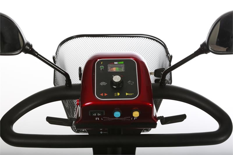 Merits Pioneer 3 3-Wheel Scooter in red|Merits Pioneer 3 3-Wheel Scooter Dashboard|Optional Weather Cover|Optional Canopy without foldable basket|Optional Oxygen Tank Holder|Optional Walker Holder|Optional Cane Holder|Optional Rear Basket|Optional Foldable Rear Basket