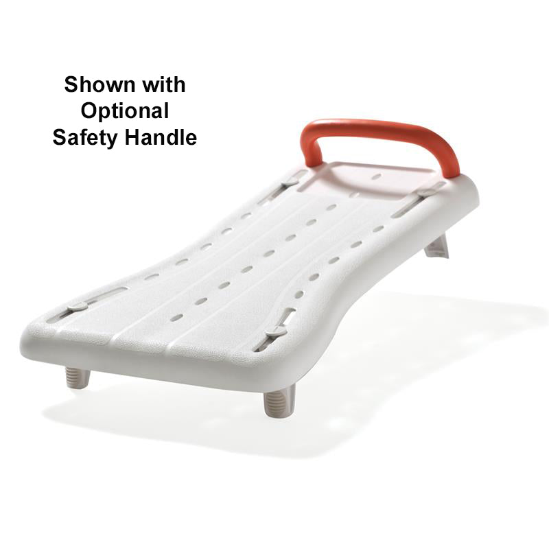 Etac Fresh Bath Board is available without the orange safety handle|Etac Fresh Bath Board with optional safety handle|Etac Fresh Bath Board Step One|Etac Fresh Bath Board in use|Etac Fresh Bath Board Step Two|Etac Fresh Bath Board Step Three
