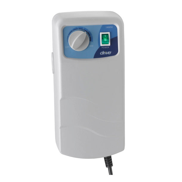 Med-Aire Alternating Pressure Pump and Pad System on mattress|Med Air Alt. Pressure Pump and Pad System Variable Pump and Pad w/ End Flap|Pressure pump is easy to use and hooks to end of bed for easy access|Med-Aire Alternating Pressure Pump and Pad System end flaps out