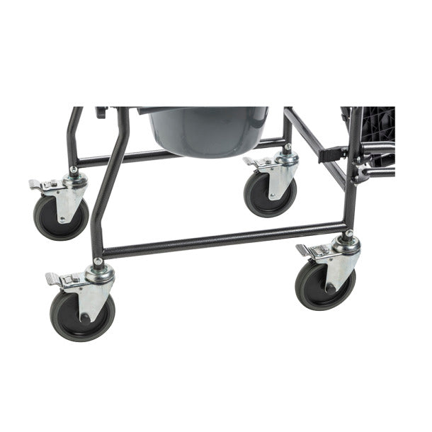 Portable Upholstered Wheeled Drop Arm Commode is fully knock-down|Drop arms make transfers easy|Commode seat is wide and made from durable, easy to clean plastic|All casters lock for safe transfers and bathing