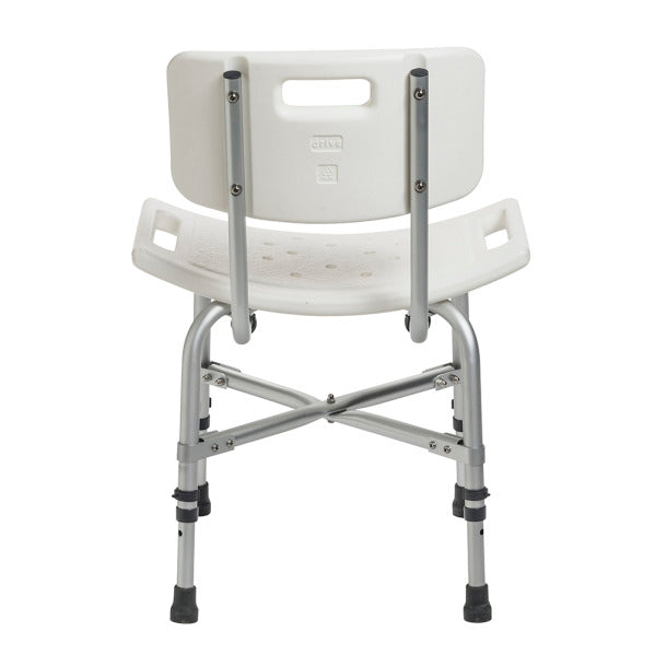 Bariatric Heavy Duty Bath Bench with Back By Drive Medical|Back of seat shows height adjustment and aluminum frame