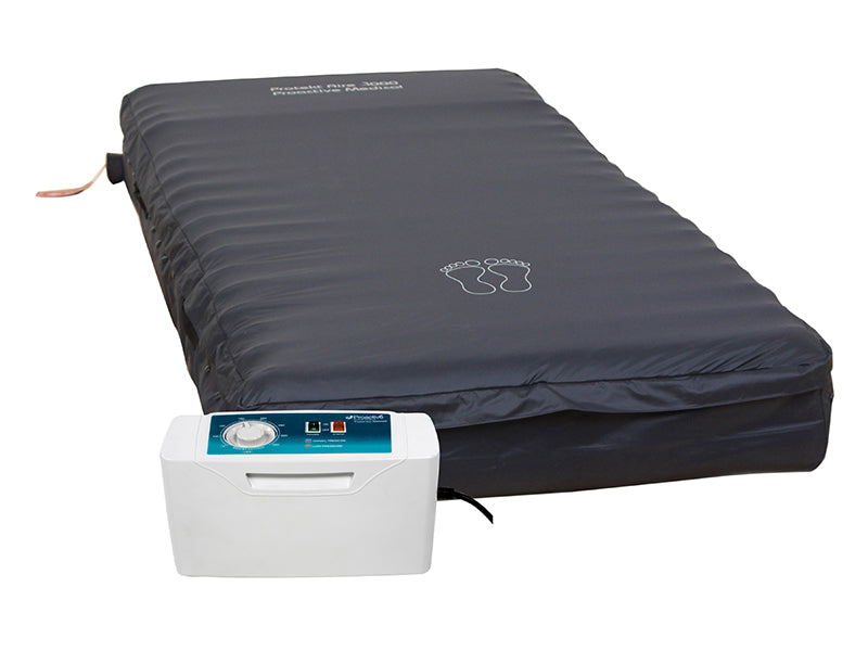 Protekt Aire 3000 System by Proactive Medical with 11" raised perimeter|Protekt Aire 3000 System by Proactive Medical with 8" flat perimeter|20 individual air bladders provide ultimate pressure|Easy to use control unit provides alternating pressure and on/off switch