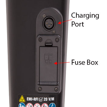 Charge port and fuse box are located on the tiller for convenience