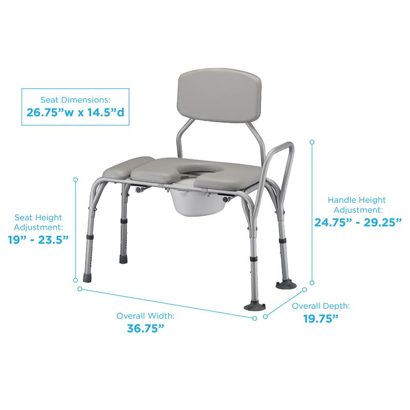 Nova Padded Transfer Bench with Commode|Side view of the Nova Padded Transfer Bench with Commode|Back view of the Side view of the Nova Padded Transfer Bench with Commode|Dimensions of the Nova Padded Transfer Bench with Commode