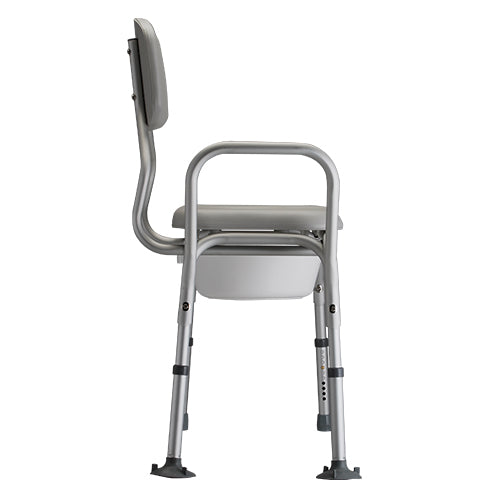 Nova Padded Transfer Bench with Commode|Side view of the Nova Padded Transfer Bench with Commode|Back view of the Side view of the Nova Padded Transfer Bench with Commode|Dimensions of the Nova Padded Transfer Bench with Commode