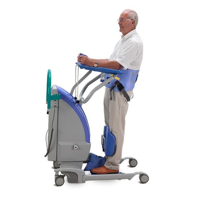 Arjohuntleigh Standing BOS Sling with user|Arjohuntleigh Extra Postural Support Sling|Arjohuntleigh Standing BOS Sling diagram