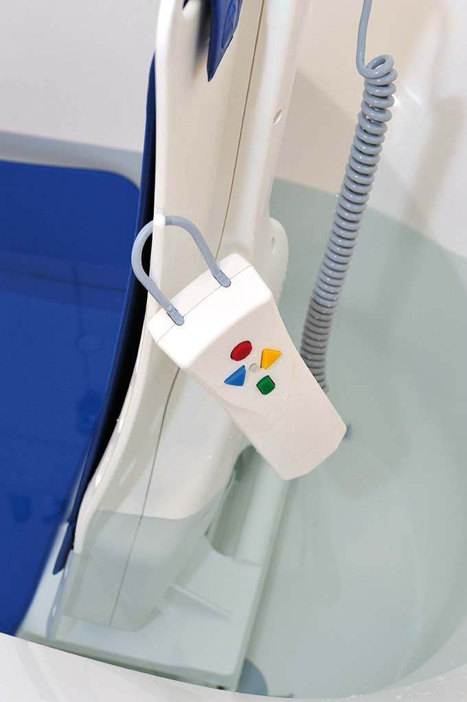 The controller attaches to the side of the lift for easy access while you are bathing in Bellavita Auto Bath Tub Chair Seat