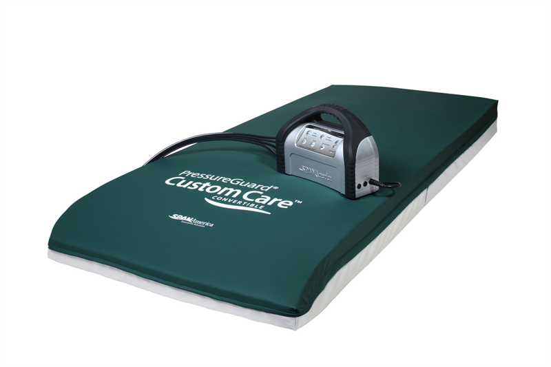 |PressureGuard Custom Care Convertible Preview Product on Storefront|Shear transfer zones - layers of the PressureGuard Custom Care Convertible|Head to toe cylinders provide superior redistribution|Purchase an additional control unit for back up pressure redistribution|Recessed deck option is a V-Shape design with 84" length