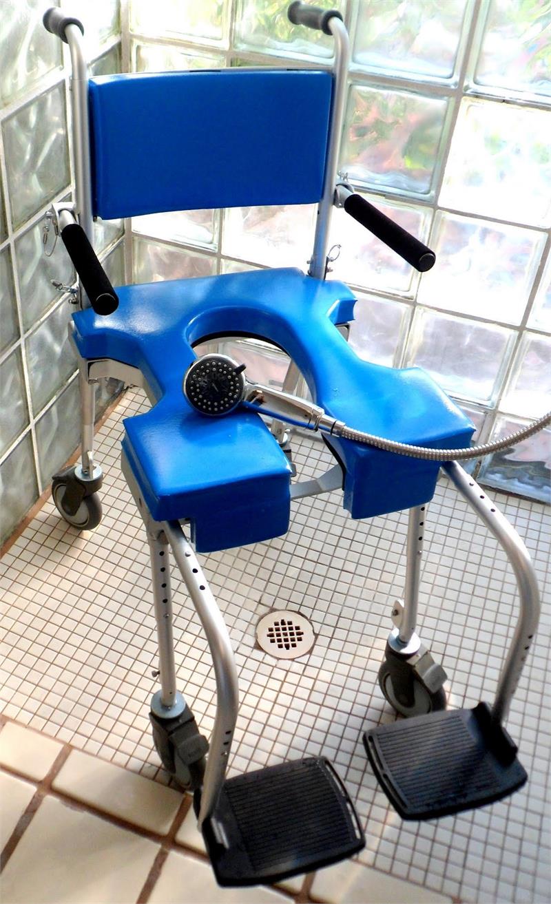 Go-Anywhere Commode N Shower Chair|Go-Anywhere Commode N Shower Chair|Optional foam armrest|Optional 4 in. armrest extenders|Optional Arm Troughs Pair|Optional Calf Strap|Optional - carry case, front and back view with retractable handles|Optional angle adjustable footrest|No Tools needed to assemble or disassemble|Optional 2-way adjustable headrest|Optional Filler cushion for side cut-outs|Optional Slide out commode and pan|Optional Waist Positioning Belt