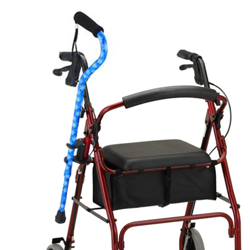 Cane holder (optional) clips on side of frame