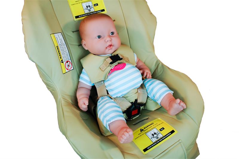 Jefferson Pediatric Car Seat by Merritt|Jefferson Pediatric Car Seat by Merritt with doll model|Infant Riser Blocks come standard|Durable latch system keeps seat in securely in place