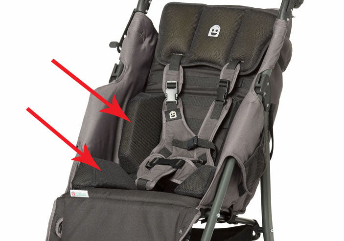 Padded Hip and Back Laterals, headrest and 5 point harness for EIO Push Chair