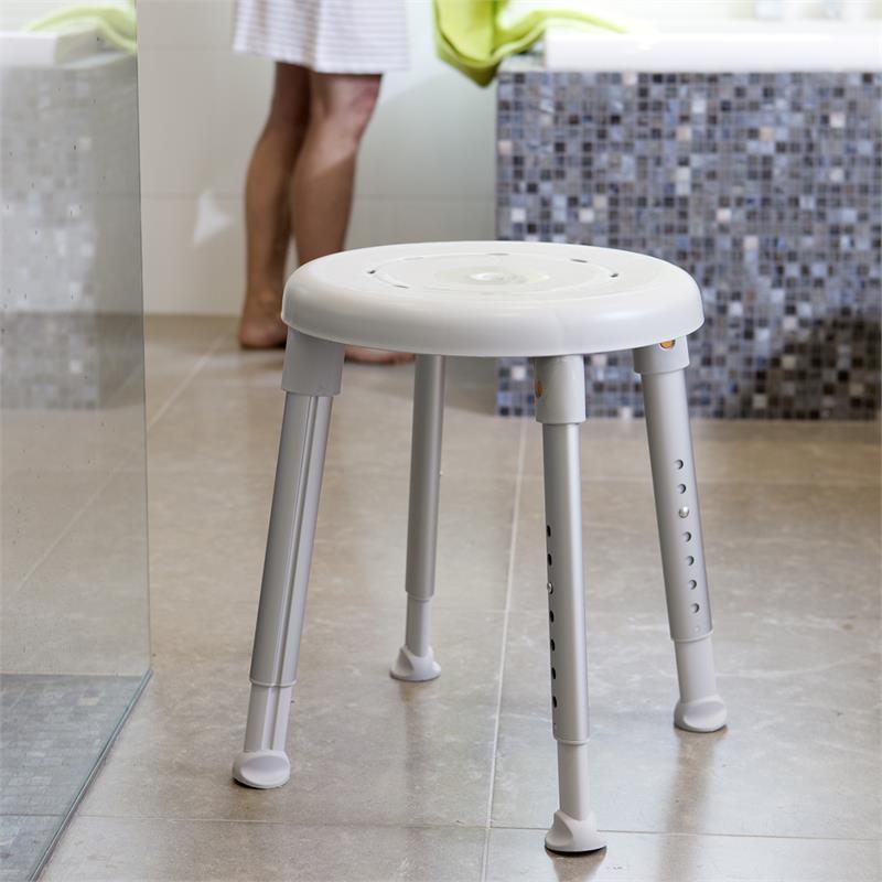 Etac Easy Shower Stool|Optional swivel seat allows for easy transfer|Etac Shower Stool Push Lock|Etac Shower Stool adjustments|Etac Shower Stool Outward legs|Etac Shower Stool Ferrules
