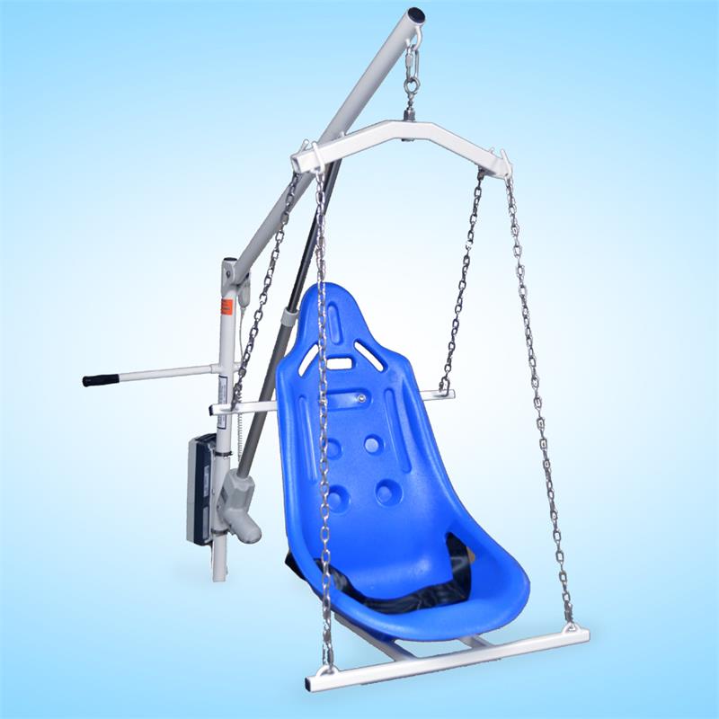 Aqua Creek Power EZ2 Pool or Boat Lift with user in sling|Aqua Creek Power EZ2 Pool or Boat Lift used with anchor|Aqua Creek Power EZ2 Pool or Boat Lift used as a boat lift|Use the Aqua Creek Power EZ2 Pool or Boat Lift on the dock!|Optional hard seat is made from hard plastic|Cover is available in three colors and a fade resistant blue|Hand controller comes standard and is waterproof|Solar powered battery charger keeps your battery constantly charged|Optional Anchor Kits for EZ2 pool lift