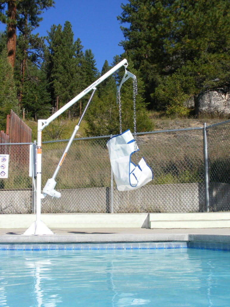 Aqua Creek Power EZ2 Pool or Boat Lift with user in sling|Aqua Creek Power EZ2 Pool or Boat Lift used with anchor|Aqua Creek Power EZ2 Pool or Boat Lift used as a boat lift|Use the Aqua Creek Power EZ2 Pool or Boat Lift on the dock!|Optional hard seat is made from hard plastic|Cover is available in three colors and a fade resistant blue|Hand controller comes standard and is waterproof|Solar powered battery charger keeps your battery constantly charged|Optional Anchor Kits for EZ2 pool lift