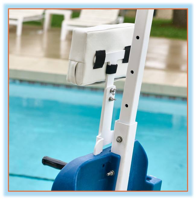 Aqua Creek Portable Pro Pool Lift 2 in Blue|Aqua Creek Portable Pro Pool Lift 2 in blue|Aqua Creek Portable Pro Pool Lift 2 in Gray|Aqua Creek Portable Pro Pool Lift 2 in Tan|Optional Head Rest - front view|Optional Head Rest - back view|Cover 3 color choices, Blue, gray and tan|Optional Cycle Attachment|Optional Cycle Attachment