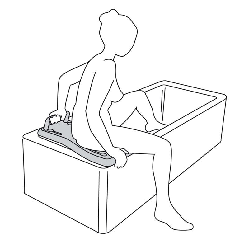 Etac Fresh Bath Board is available without the orange safety handle|Etac Fresh Bath Board with optional safety handle|Etac Fresh Bath Board Step One|Etac Fresh Bath Board in use|Etac Fresh Bath Board Step Two|Etac Fresh Bath Board Step Three