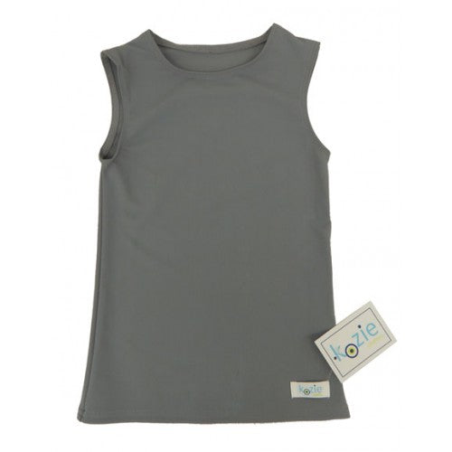 Kozie Clothes Simply Sleeveless Sensory Compression Shirt|Simply Sleeveless Sensory Compression Shirt in Navy|Simply Sleeveless Sensory Compression Shirt in White|Simply Sleeveless Sensory Compression Shirt in Black|Simply Sleeveless Sensory Compression Shirt in Steel Gray|Simply Sleeveless Sensory Compression Shirt in Blush Pink|Little girl wearing Black Simply Sleeveless Sensory Compression Shirt|Kozie Clothes Compression Shirt Size Chart