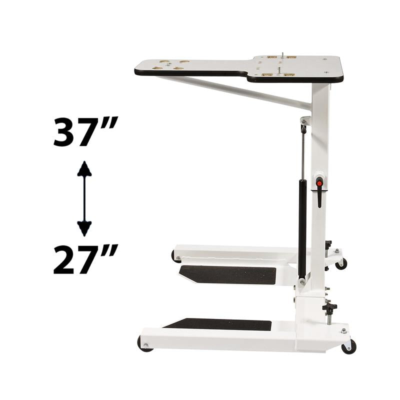 HCI Hydraulic UBE Table|Adjustable Arm adjusts height from 27"-37 and hydraulic pump|Turn knob allows user to lock casters in place to keep table more sturdy|Height adjustment allows for a variety of users to enjoy use of table|User with the HCI Hydraulic UBE Table and the Monark Ergometer