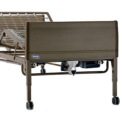 Invacare Full Electric Homecare Bed with head and knees articulated|Durable scratch resistant panels|Hand control for height adjustments, head and knee articulation|Optional Invacare Economy Foam Mattress|Optional Invacare Innerspring Mattress|Optional Clamp-On Half-Length Rail are 32" length and help prevent falls|4" Extender extends bed length to 84" and is placed in the middle of bed|55" Chrome-Plated Full-Length Bed Rail are full length and self adjusting