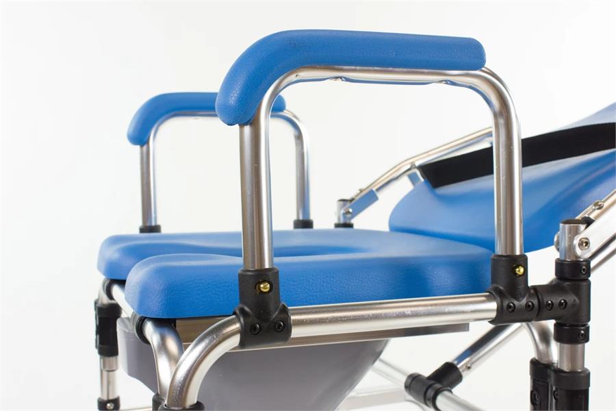 Laguna Reclining Shower Chair comes in a high visibility blue|Tilting chair reclines up to 165 degrees|Laguna Reclining Shower Features|Comfortable headrest comes standard, and creates ease of washing|Laguna Reclining Shower Chair Armrests|Laguna Reclining Shower Chair two piece flip up footplate|Laguna Reclining Shower Chair No-Rust composite casters with brakes|Laguna Reclining Shower Chair diagram with tilting angles