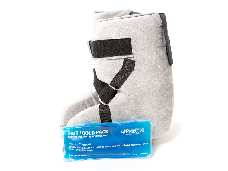 Heel Gel Elevation Boot by Proactive Medical|Heel Elevation Boot by Proactive Medical without gel pack|Back view of the Protekt Heel Gel Elevation Boot by Proactive Medical|Side view of the Protekt Heel Gel Elevation Boot with user|Front view of the Protekt Heel Gel Elevation Boot with user