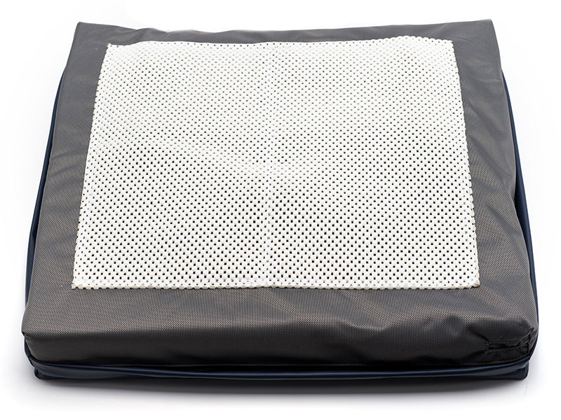 Protekt Alternating Pressure Seat Relief Cushion by Proactive Medical|Alternating air pressure cushion pictured on chair|Pump on Wheelchair Back|Cushion and Pump|Pump Functions|Non-slip bottom allows cushion to stay in place on wheelchair seats|4 Alternating air bladders provide continuous air pressure|Visco Polymer Memory Foam top layer is comfortable and reduces pressure|Foam is soft and contours each individual user|Package Contents|Plug