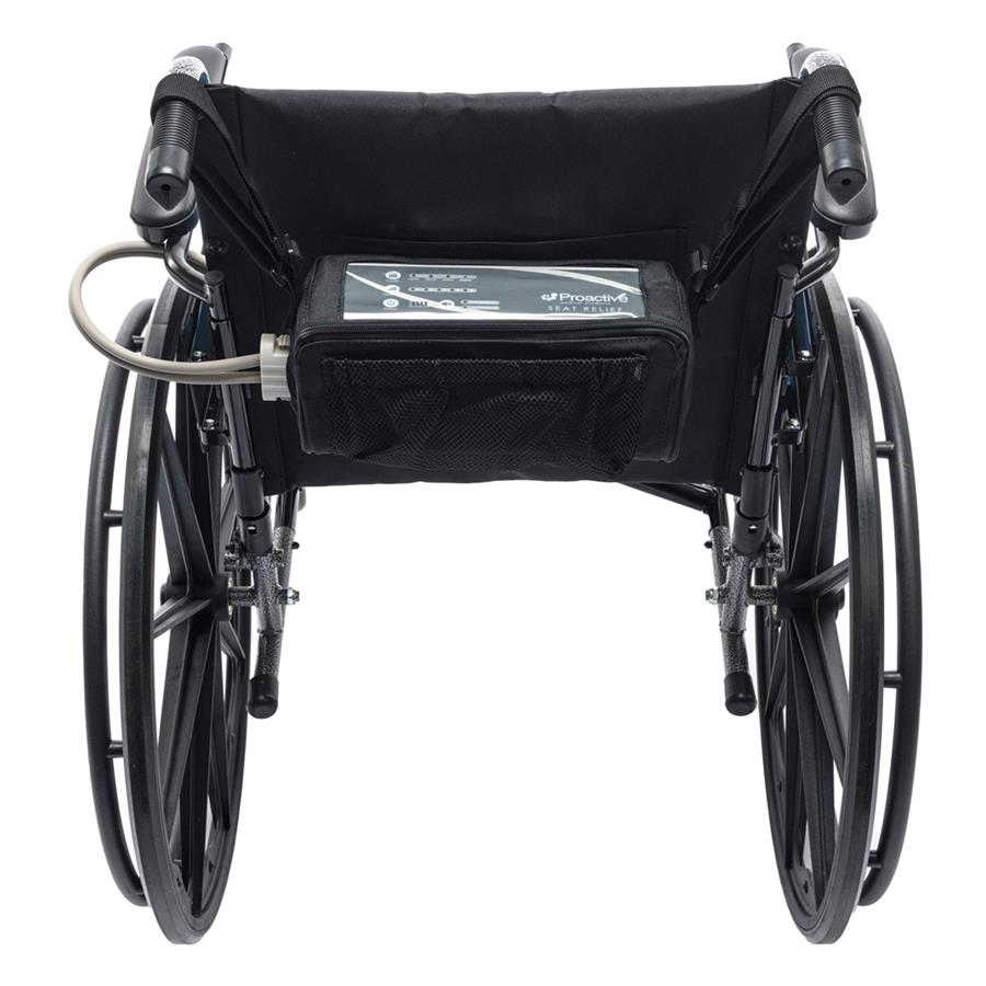 Protekt Alternating Pressure Seat Relief Cushion by Proactive Medical|Alternating air pressure cushion pictured on chair|Pump on Wheelchair Back|Cushion and Pump|Pump Functions|Non-slip bottom allows cushion to stay in place on wheelchair seats|4 Alternating air bladders provide continuous air pressure|Visco Polymer Memory Foam top layer is comfortable and reduces pressure|Foam is soft and contours each individual user|Package Contents|Plug