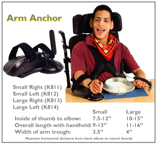 In stabilizing the forearm, the length of the padded arm anchors can be adjusted and the handgrip rotates to any angle for