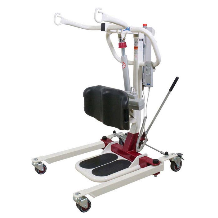 Span America F500S Powered Sit-To-Stand Patient Lift|Contoured knee pad for Span America F500S Powered Sit-To-Stand Patient Lift|Easy to read battery LCD display|2-Button hand held Pendant is easy to use|Low underbed clearance is great for short beds|Optional Sit to Stand Sling