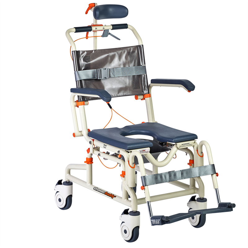 Roll-In Buddy with Tilt by Showerbuddy with optional headrest|Roll-In Buddy with Tilt by Showerbuddy - Adjustable Tilt with optional headrest|Roll-In Buddy with Tilt by Showerbuddy - Front View with optional headrest|Roll-In Buddy with Tilt by Showerbuddy - Dimensions|Optional Soft Headrest assembly kit|Star Seat Cushion - inflatable|Solid Seat Cushion Overlay