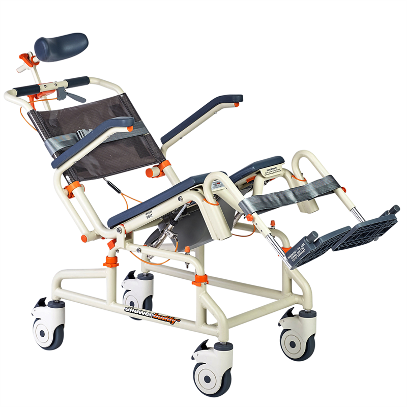 Roll-In Buddy with Tilt by Showerbuddy with optional headrest|Roll-In Buddy with Tilt by Showerbuddy - Adjustable Tilt with optional headrest|Roll-In Buddy with Tilt by Showerbuddy - Front View with optional headrest|Roll-In Buddy with Tilt by Showerbuddy - Dimensions|Optional Soft Headrest assembly kit|Star Seat Cushion - inflatable|Solid Seat Cushion Overlay