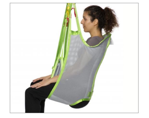 Bath Sling by Human Care Side View|Bath Sling by Human Care Crossing hooks|Bath Sling by Human Care Back View|Bath Sling by Human Care Size and Color Guide