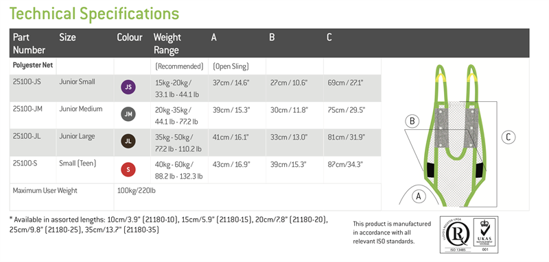 Activity Sling by Human Care|Activity Sling by Human Care Side View|Activity Sling by Human Care Back View|Activity Sling by Human Care Size and Color Chart
