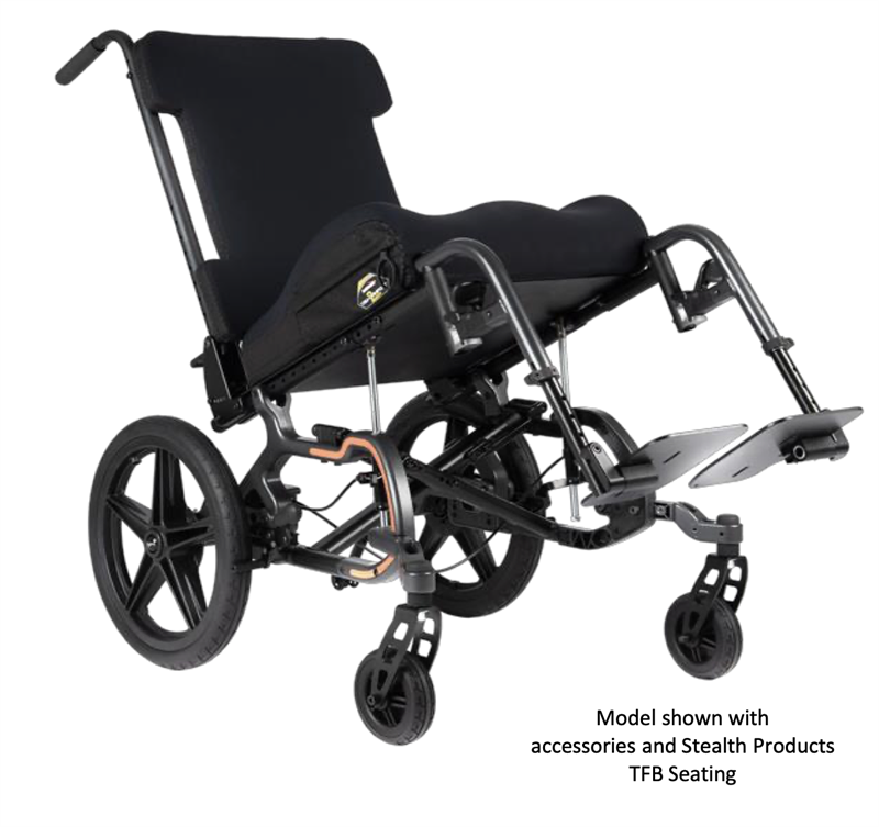Enzo Pediatric Folding Wheelchair shown with accessories and TFB seating