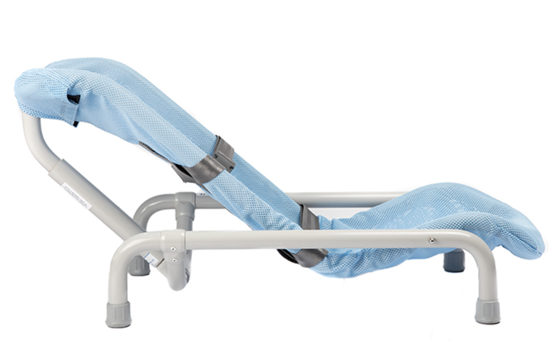 Side view of the Blue Contour Deluxe Bath Chair when reclined