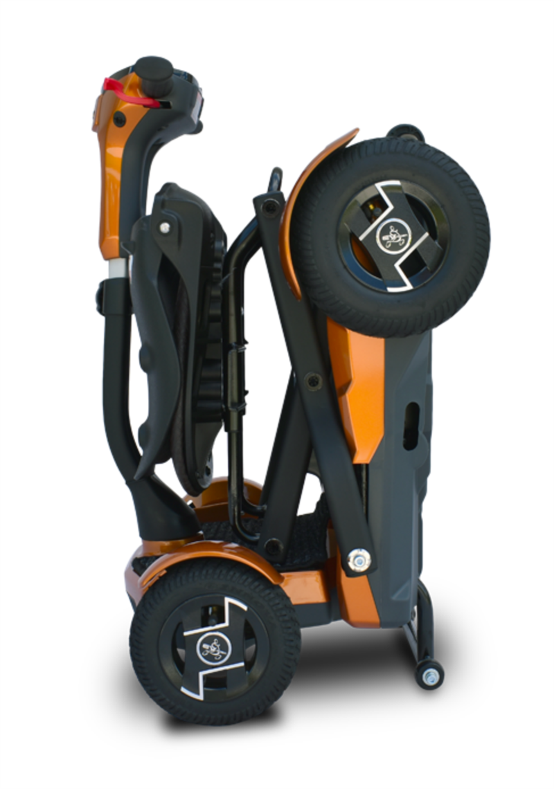 TeQno Folding Scooter by EV Rider in Gold Metallic|TeQno Folding Scooter by EV Rider in Metallic Red|Back view of the TeQno with reflective stickers to protect users at night|The TeQno folds to a compact size|If you do not fold the scooter, the seat folds for more compact storage|Scooter can be stored upright for more room in closets or trunks|Optional Electric Horn with 3 sounds|Optional deluxe cup holder