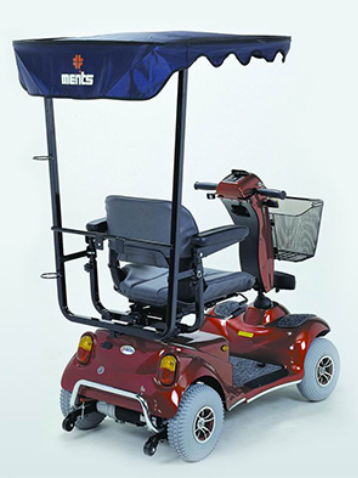 Roaster 3-Wheel From Merits Side View|||Roadster Dissembled|Optional Cane Holder|Optional Foldable Rear Basket|Optional Walker Holder|Optional Canopy without foldable basket|Optional Scooter Cover