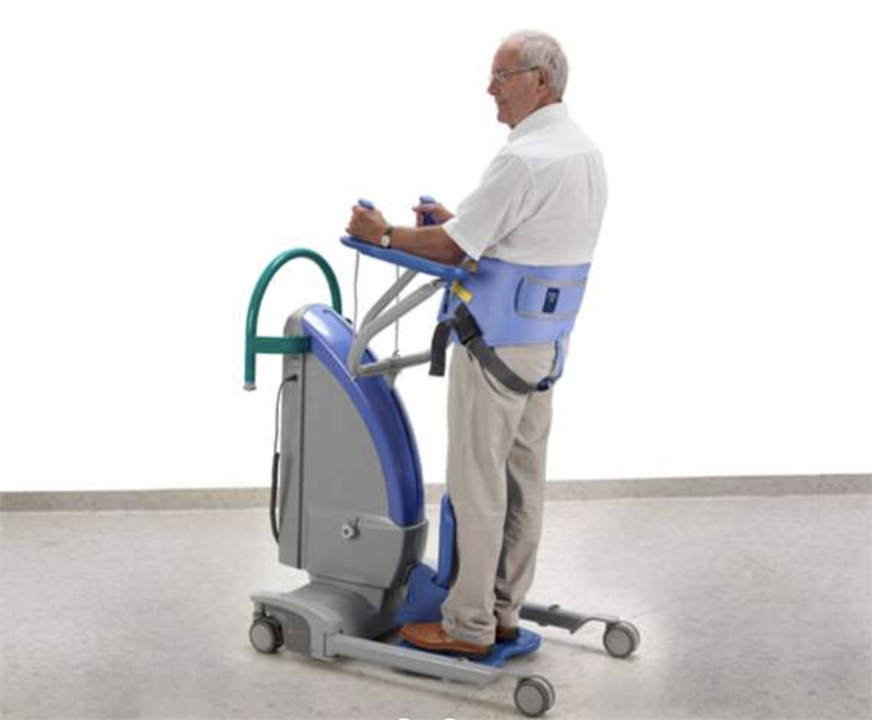 Arjohuntleigh Standing BOS Sling with user|Arjohuntleigh Extra Postural Support Sling|Arjohuntleigh Standing BOS Sling diagram