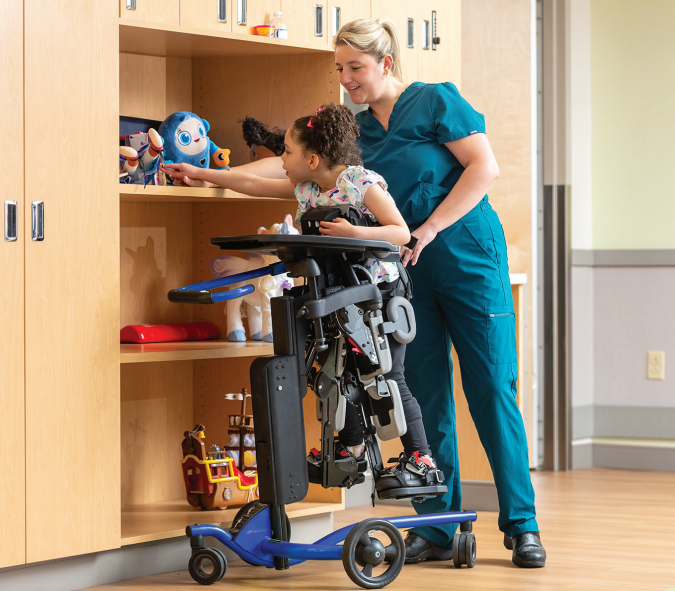 The raised position helps reach items on shelves moves up or down 14" with a crank, allow eye to eye contact as well.