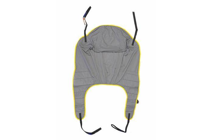 Joerns Hoyer Full Back Polyester Sling with user|Joerns Hoyer Full Back Polyester Sling|Joerns Hoyer Full Back Mesh Sling with closeup of fabric
